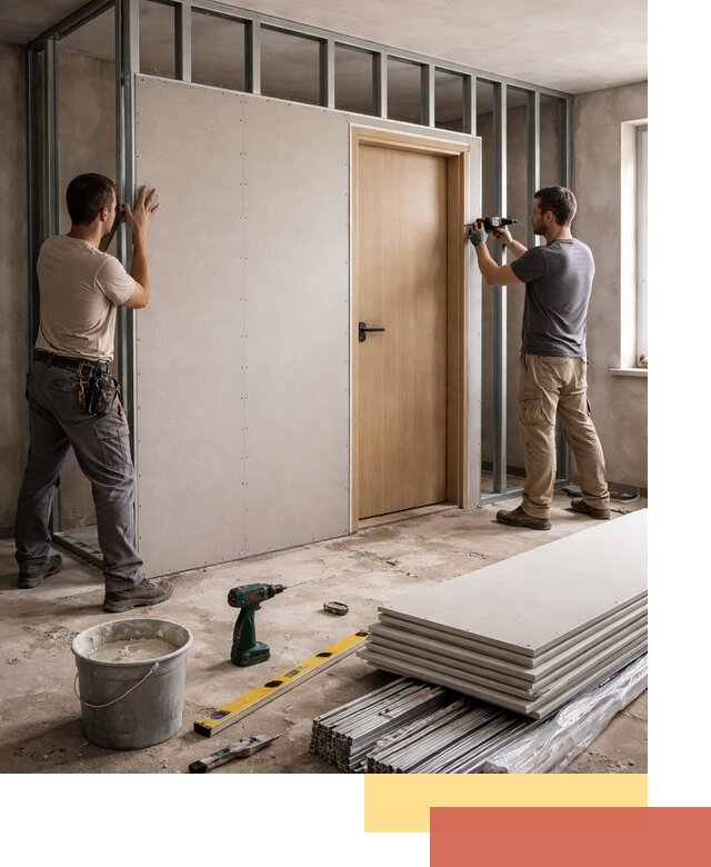 Перегородка из гипсокартона с дверью под ключ в Темрюке