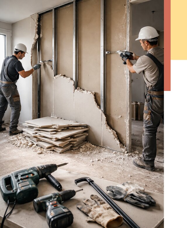 Демонтаж перегородки из гипсокартона в Темрюке от 1235 руб. быстро и недорого | ОТДЕЛОЧНИК-Тмр