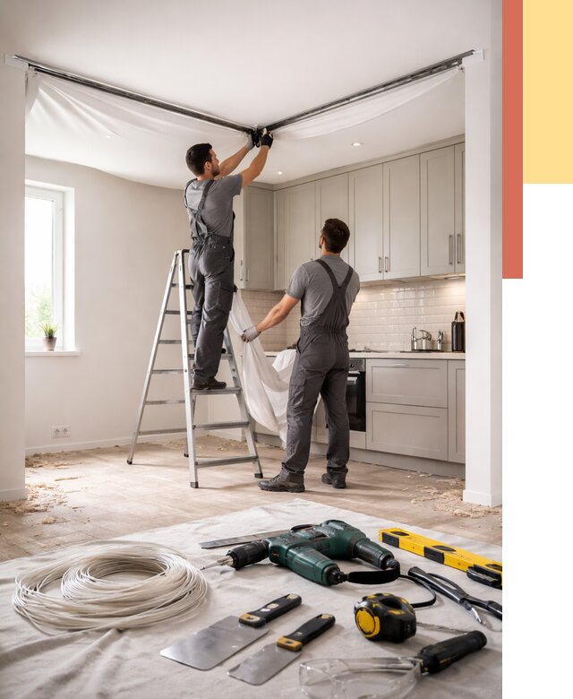 Установка натяжного потолка на кухне в Темрюке от 2470 руб. | ОТДЕЛОЧНИК-Тмр