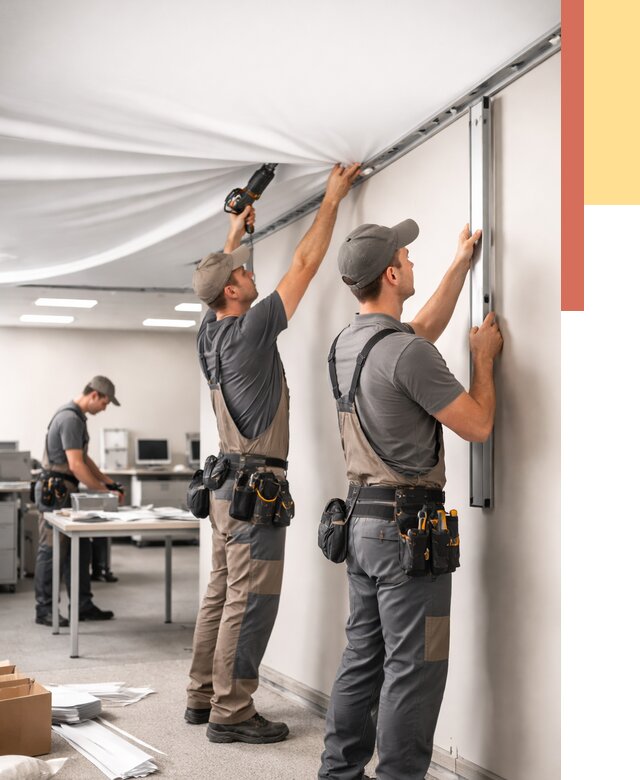 Монтаж натяжного потолка в офисе в Темрюке от 463 руб/м² — быстро и недорого | ОТДЕЛОЧНИК-Тмр