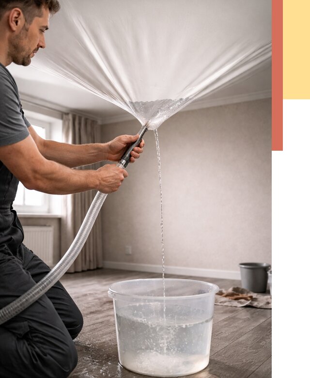 Слив воды с натяжного потолка в Темрюке от 2573 руб. быстро и недорого | ОТДЕЛОЧНИК-Тмр