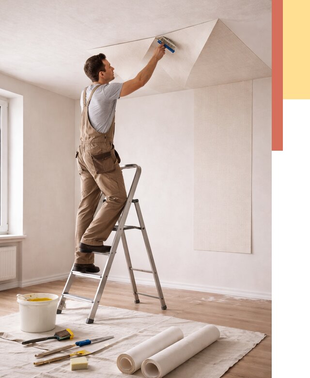 Поклейка обоев на потолок в Темрюке от 4632 руб. быстро и недорого | ОТДЕЛОЧНИК-Тмр